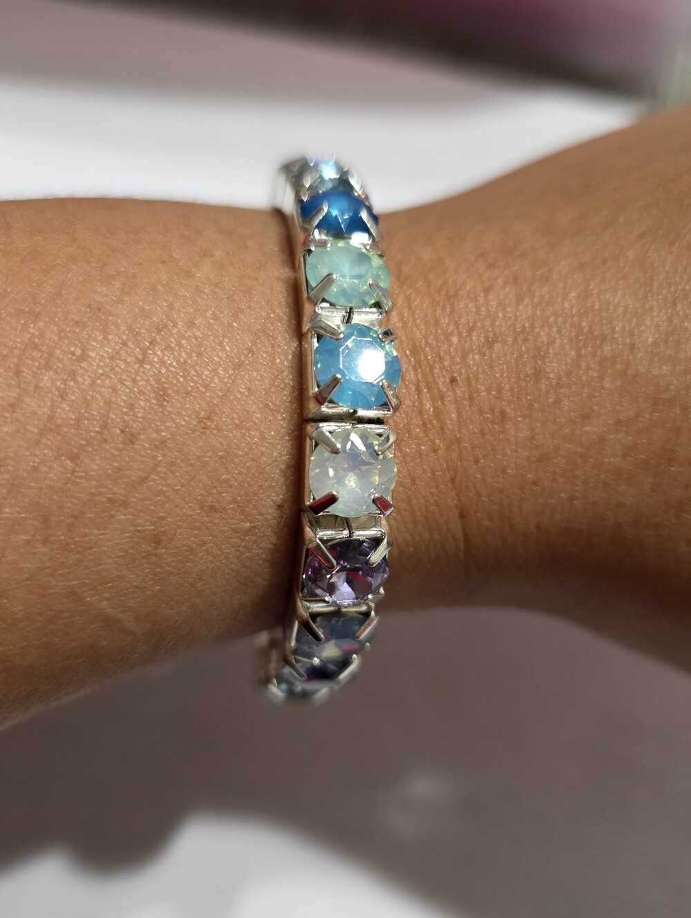 Silver-Toned Square-Cut Blue and Purple Ombre Crystal Tennis Stretch Bracelet